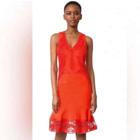 Jonathan Simkhai Red V-neck Sleeveless Lace Appliqué
Crepe Cocktail Dress sz 4 - Picture 1 of 13